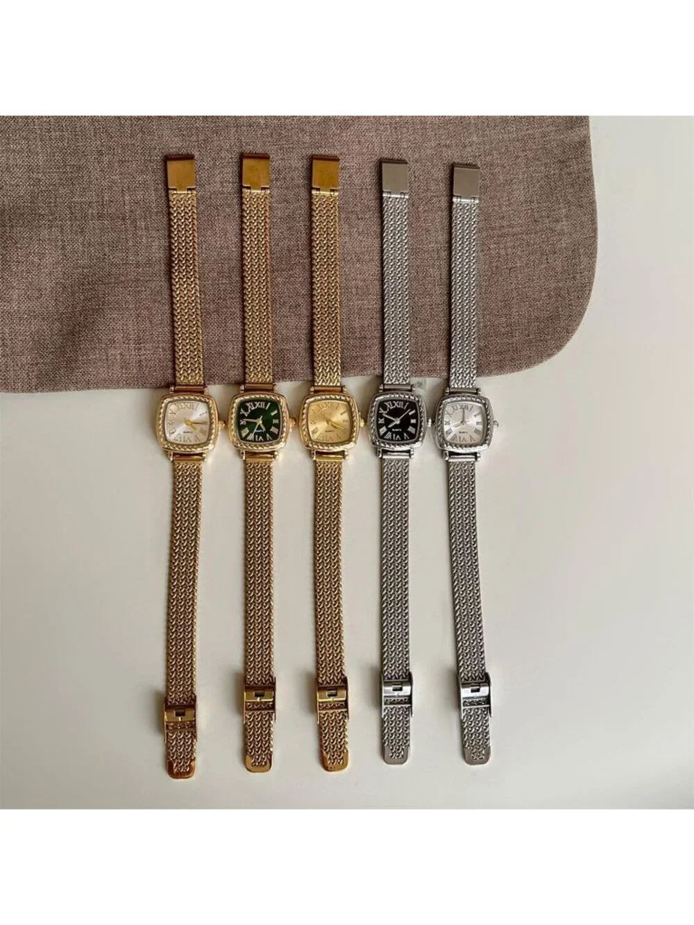 Women's Silver Vintage Square Roman Numeral Braided Mesh Band Quartz Watches